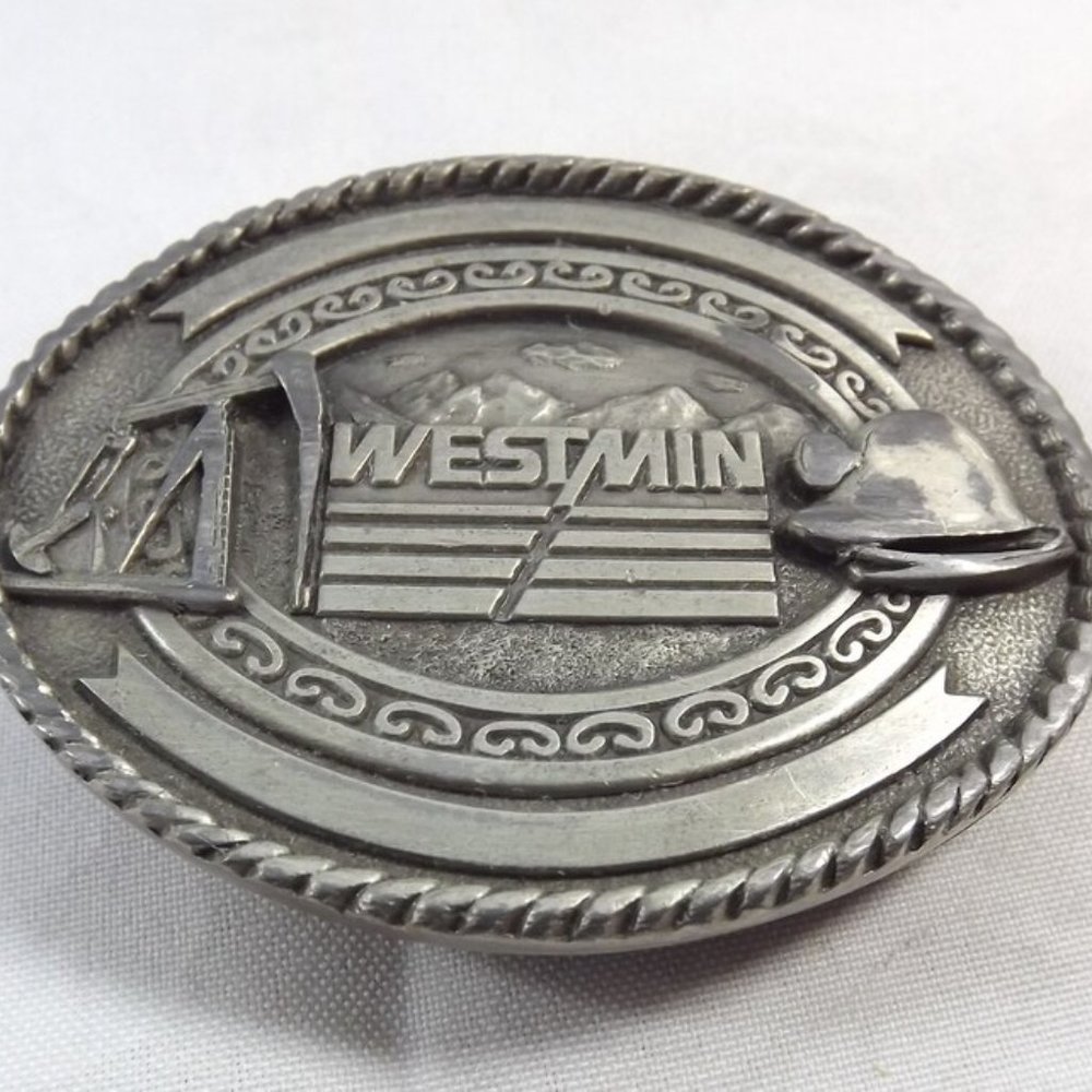 Distressed WESTMIN Mining Oil Sector Beer Bottle Opener Belt Buckle